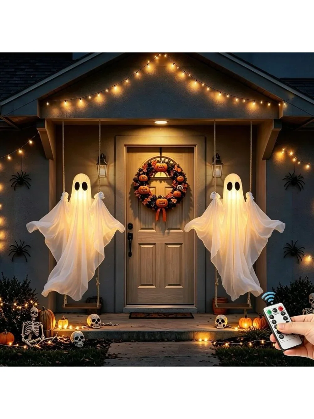 2 Pack Outdoor Halloween Decorations - Hanging Swing Ghosts 4-8FT for Spooky Fun